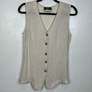 IZ California Vintage Neutral Beige Flax Blend Button Front V-neck Vest Size M